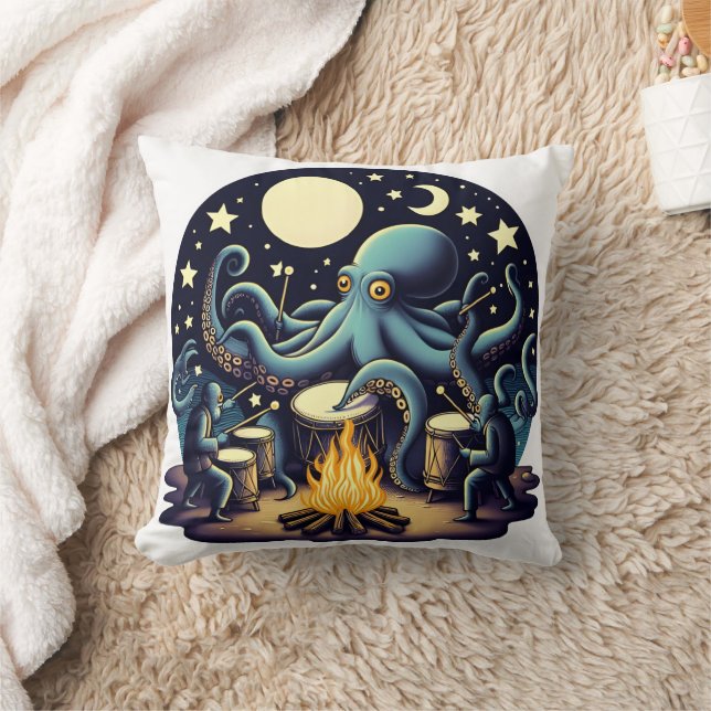 Octopus Drumming by Moonlit Campfire Throw Pillow (Blanket)
