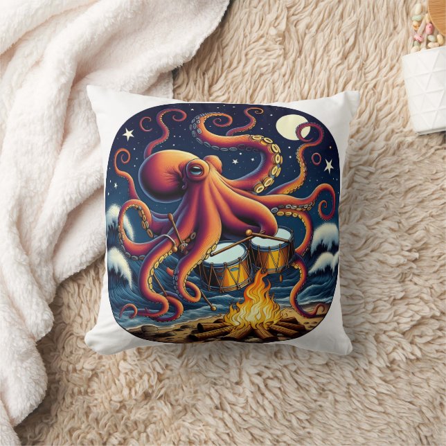 Octopus Drumming By The Campfire Under Moonlight Throw Pillow (Blanket)