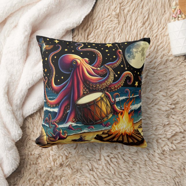 Octopus Drumming by the Moonlit Ocean Fire Throw Pillow (Blanket)