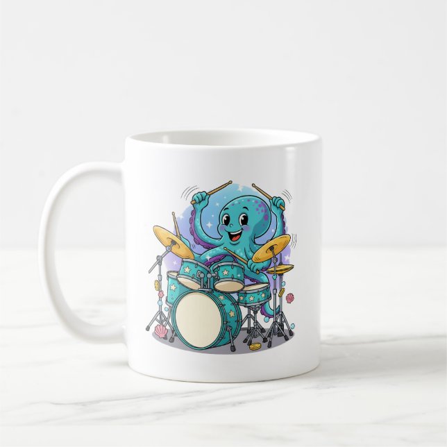 Octopus Drumming Funny Cartoon Octopus Drummer Coffee Mug (Left)