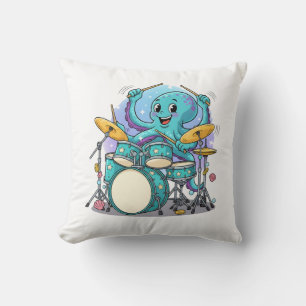 Octopus Drumming Funny Cartoon Octopus Drummer Throw Pillow