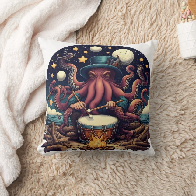Octopus Drumming Under Stars By The Ocean Throw Pillow (Blanket)