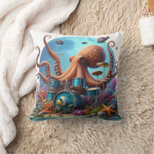 Octopus Drumming With Colourful Fish Throw Pillow