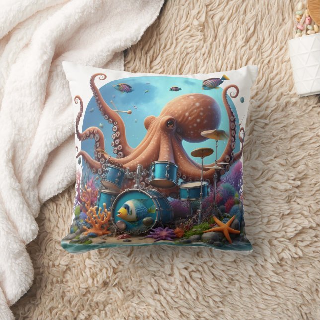 Octopus Drumming With Colourful Fish Throw Pillow (Blanket)