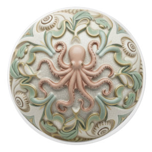 Octopus Faux Relief Sea Ocean Cream Gold & Green Ceramic Knob