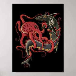 octopus fighting a shark poster