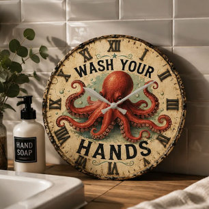 Octopus Funny Coastal Nautical Beach House Large Clock