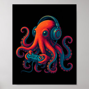 Octopus Gaming With Headphones Funny Video Games G Poster