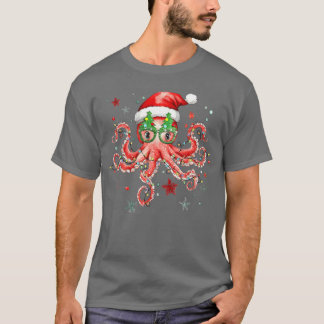 Octopus Glasses Santa Hat Christmas Light Ocean An T-Shirt