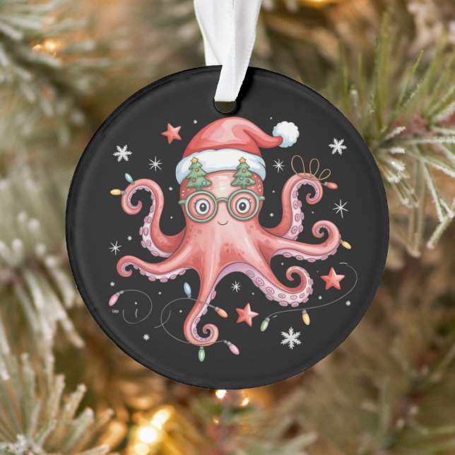 Octopus Glasses Santa Hat Christmas Light Ocean  Ornament (Tree)