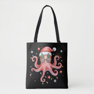 Octopus Glasses Santa Hat Christmas Light Ocean Tote Bag