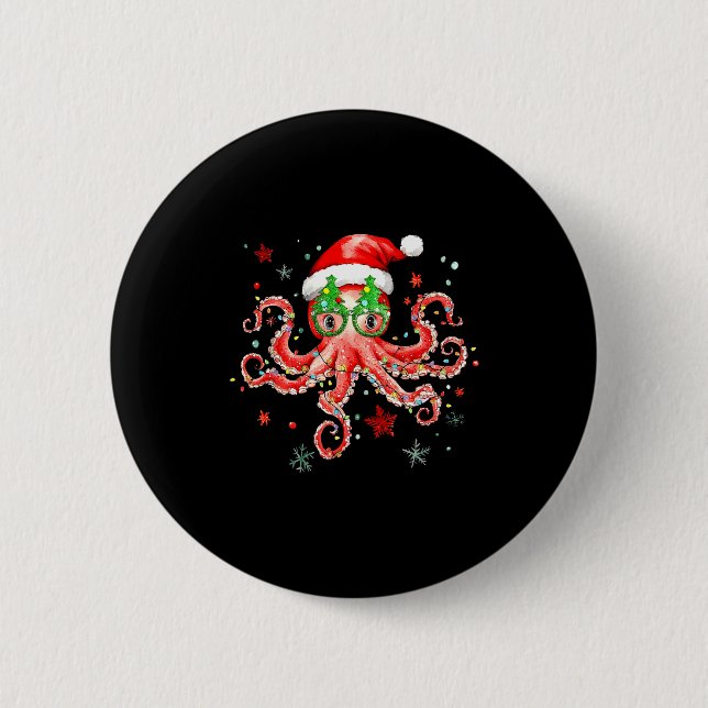 Octopus Gles Santa Hat Christmas Light Ocean Anima 2 Inch Round Button (Front)