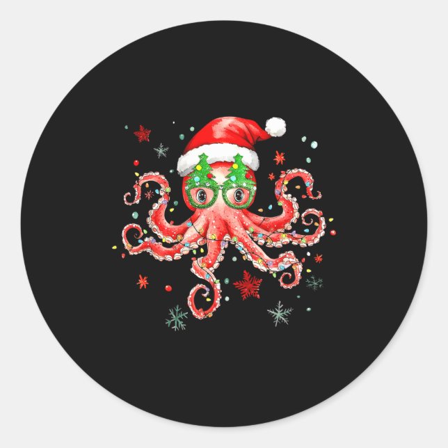 Octopus Gles Santa Hat Christmas Light Ocean Anima Classic Round Sticker (Front)