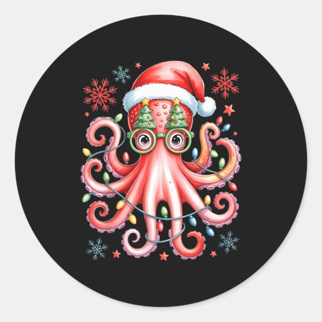 Octopus Gles Santa Hat Christmas Light Ocean Anima Classic Round Sticker (Front)