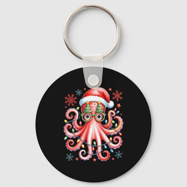 Octopus Gles Santa Hat Christmas Light Ocean Anima Keychain (Front)