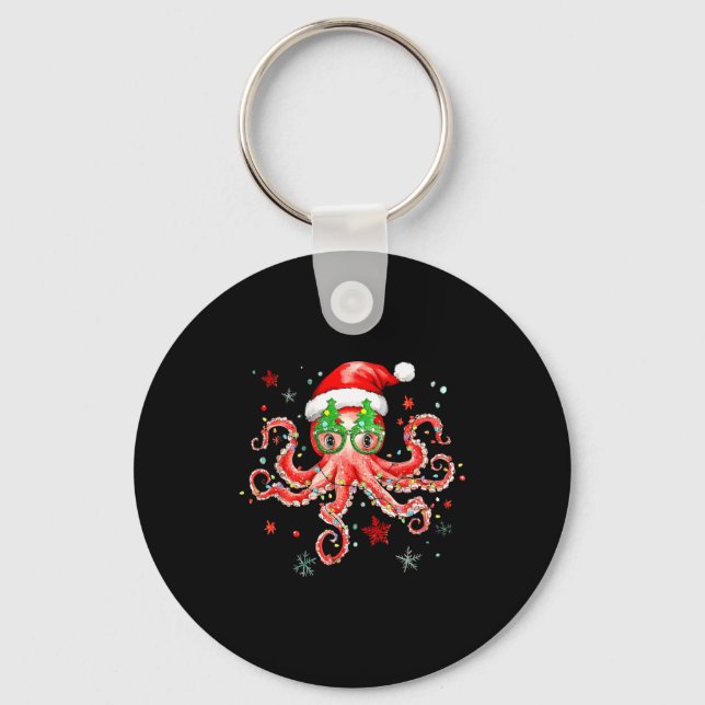 Octopus Gles Santa Hat Christmas Light Ocean Anima Keychain (Front)