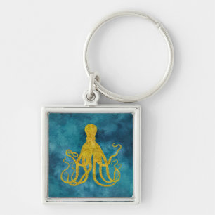 Octopus Gold Leopard Skin Print   Teal Aqua Blue Keychain