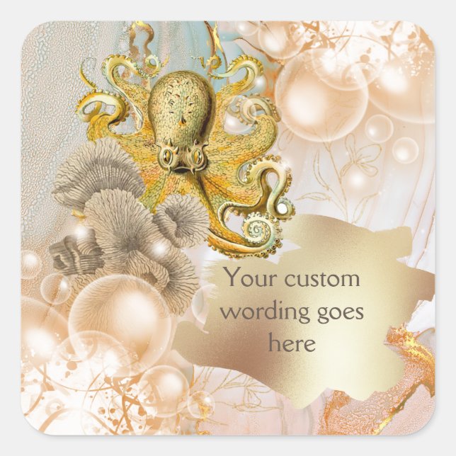 Octopus gold marble bubbles coral marine square sticker (Front)