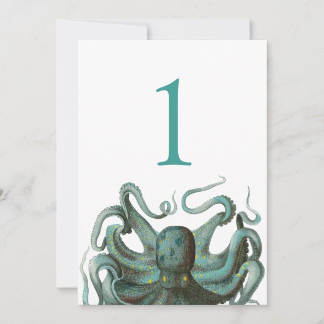 Octopus Green Aquarium Wedding Table Number (Front)