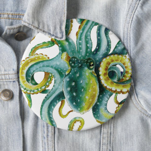 Octopus Green Tentacles Watercolor Art 6 Inch Round Button