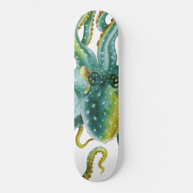 Octopus Green Tentacles Watercolor Art Skateboard (Front)