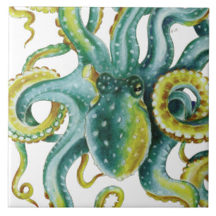 Octopus Green Tentacles Watercolor Art Tile