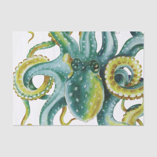 Octopus Green Tentacles Watercolor Art Tissue Paper (Front)