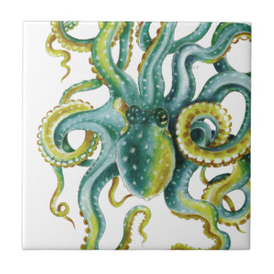 Octopus Green Watercolor Art Tile
