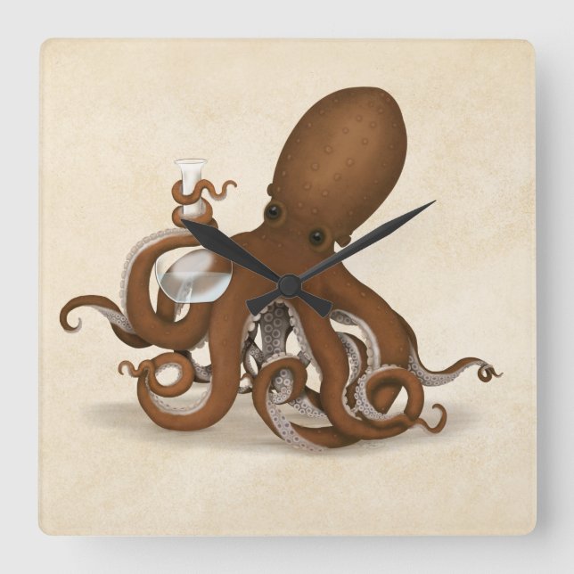 Octopus Holding Chemistry Flask Steampunk Science Square Wall Clock (Front)