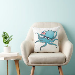 Octopus Holding The American Flag Throw Pillow