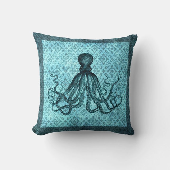 Octopus in Teal on Damask Throw Pillow (Front)