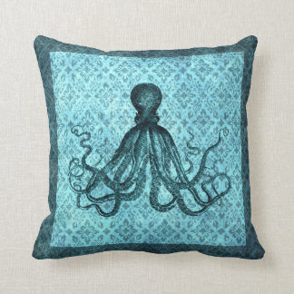 Octopus in Teal on Damask Throw Pillow