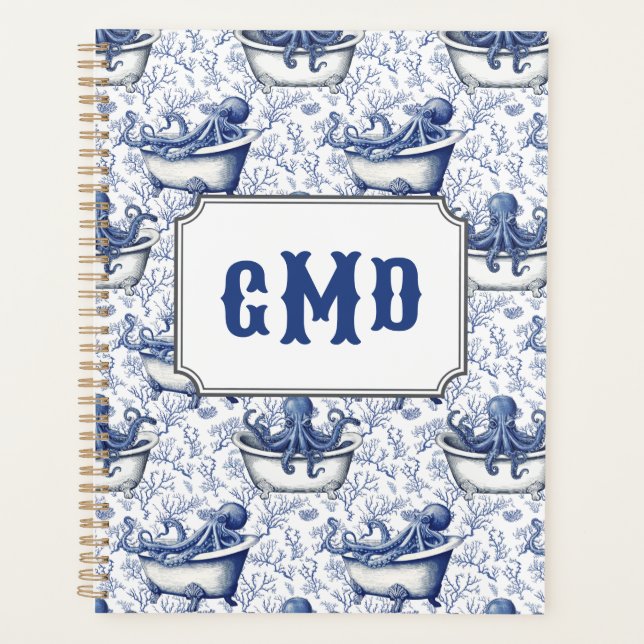 Octopus in the Bath | Navy Blue Monogram Planner (Front)