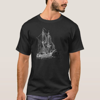 Octopus in the Depths Chasing Pirate Ship T-Shirt