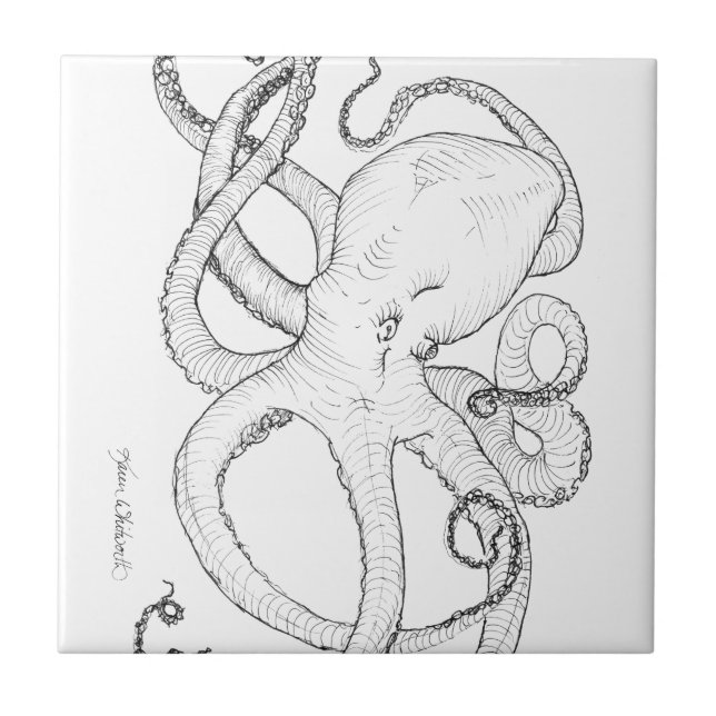 Octopus Ink Drawing Black and White Tile (Front)