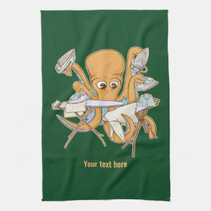 Octopus ironing, overwhelmed by chores. kitchen towel