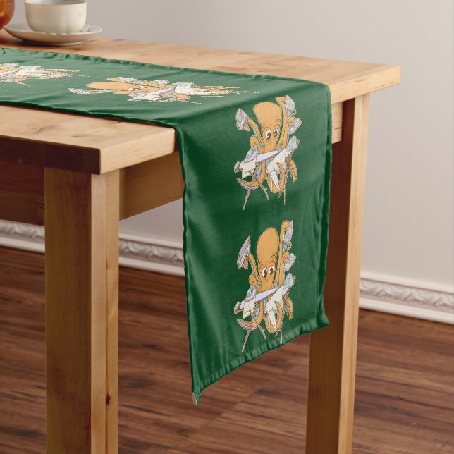 Octopus ironing, overwhelmed by chores. short table runner (In Situ)