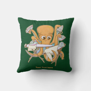Octopus ironing, overwhelmed by chores. throw pillow