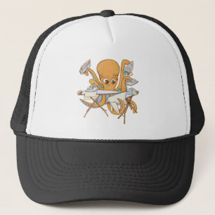Octopus ironing, overwhelmed by chores. trucker hat