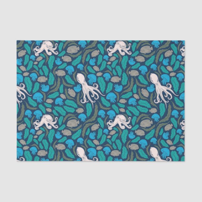Octopus Jellyfish Teal Blue Pattern Tissue Paper (Front)