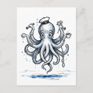 Octopus Juggling Anchors in Playful Marine Ink Ill Postcard