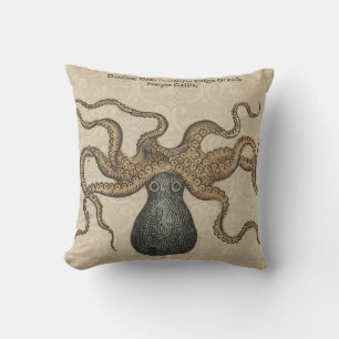 Octopus Kraken Antique Coastal Marine Wildlife Throw Pillow