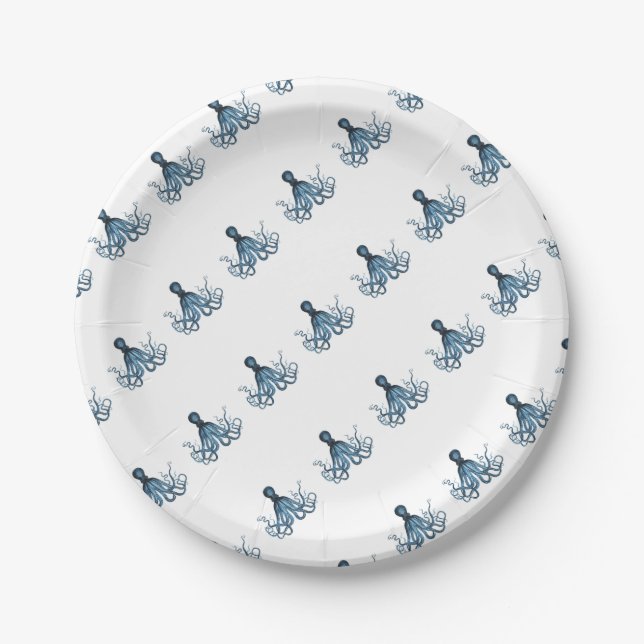 Octopus kraken nautical coastal beach sea blue paper plate (Front)