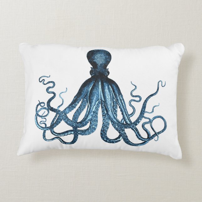 Octopus kraken nautical coastal ocean beach blue accent pillow (Back)