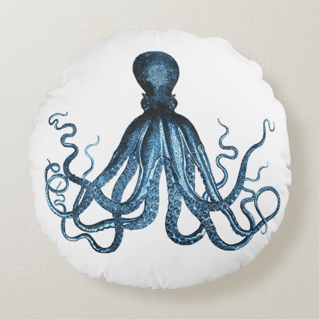 Octopus kraken nautical coastal ocean beach blue round pillow (Front)