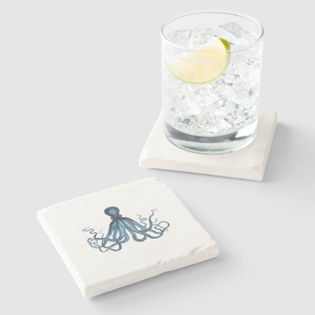 Octopus kraken nautical coastal ocean beach blue stone coaster (Side)