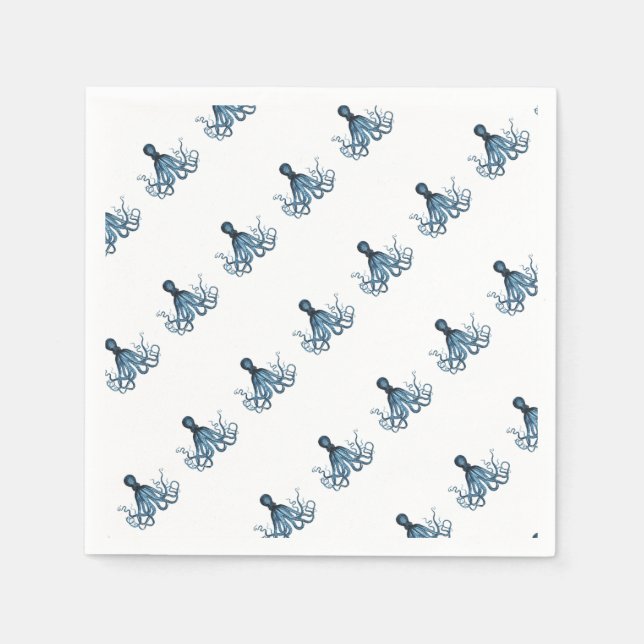 Octopus kraken nautical coastal sea beach blue napkin (Front)