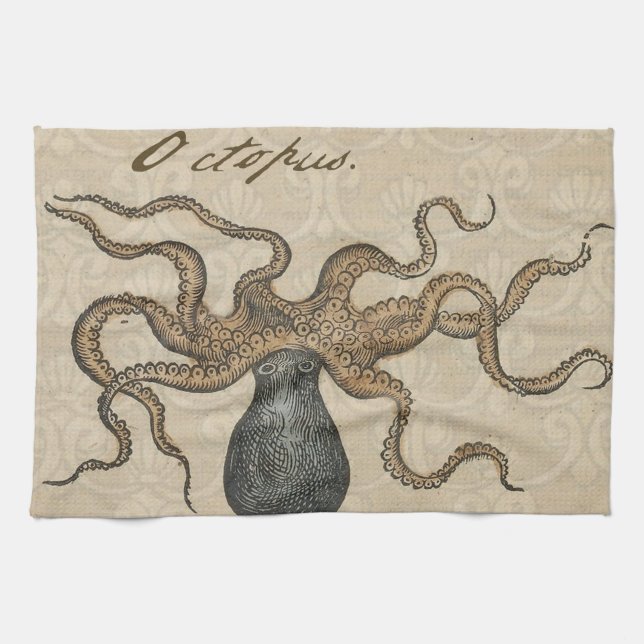 Octopus Kraken Vintage Illustration Kitchen Towel (Horizontal)