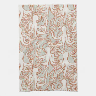 Octopus Line Art Modern Coastal (Orange & Gray) Kitchen Towel