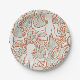 Octopus Line Art | Round Plates (Orange & Gray)